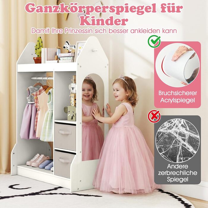 Дитяча шафа COSTWAY з дзеркалом, вішалка для дитячого одягу з рейкою для одягу, 2 шухляди для тканини та гачки, дерев&39яна дитяча шафа з полицями, для дитячої кімнати, 81 x 38 x 107 см (білий) 81 x 38 x 107 см білий