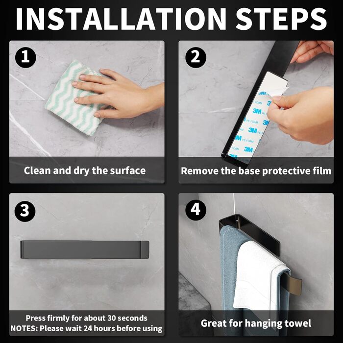 Самоклеючий рушникосушка чорний 25см SUS304 Рушникосушка з нержавіючої сталі без свердління Підвісна рушникосушка для ванної кімна