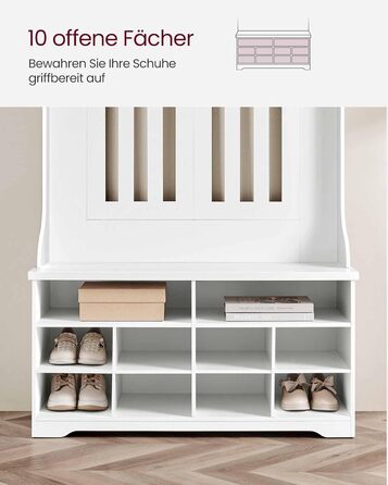 Вішалка для верхнього одягу VASAGLE з лавкою для взуття, шафа, місце для зберігання взуття, 5 потрійних гачків, окремостояча, компактна, для вхідної зони, коридору, регульовані полиці, хмарно-білий HSR404T10