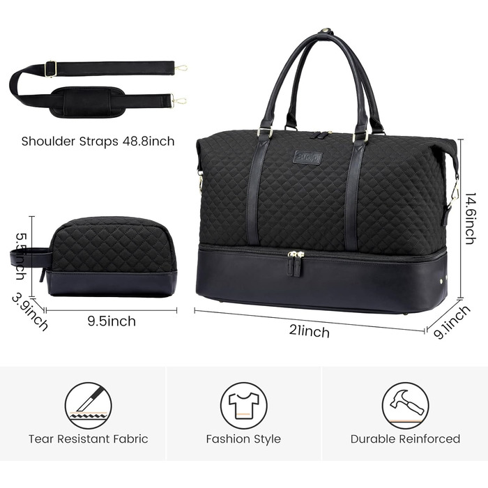 Жіноча дорожня сумка Sucipi, сумка для вихідних, сумка для лікарні, сумка для пологів, сумка для мами, велика водонепроникна спортивна сумка, дорожня сумка з відділенням для взуття та вологим відділенням для авіаподорожей, тренажерний зал, кемпінг, чорний