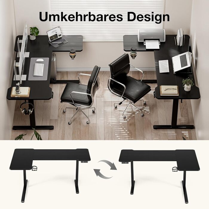 Кутовий стіл, регульований по висоті, L-подібний, 150 x 100 см, електричне регулювання висоти, ергономічний стіл з підставками для чашок та гачками, міцний офісний стіл, чорний, L-подібний, 59
