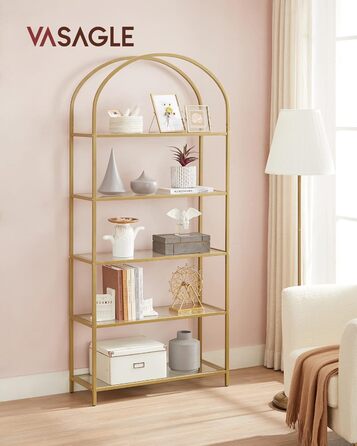 Полиця VASAGLE, 5-ярусна книжкова полиця, окремостояча полиця із загартованого скла, арочна полиця для зберігання, металевий каркас, для вітальні, спальні, кабінету, ванної кімнати, золотисто-прозора LGT050A01 30,2 x 83 x 183,5 см Золотий прозорий