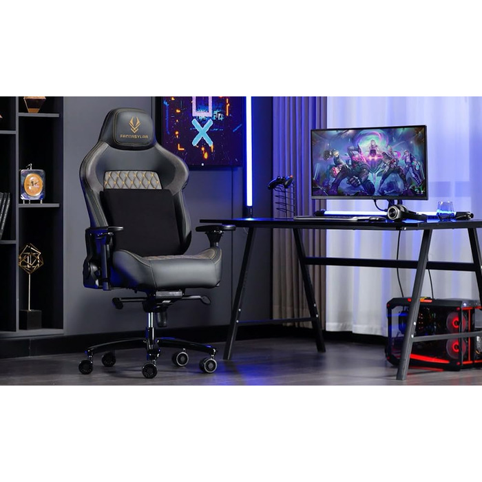 Ігрове крісло Fantasylab, вантажопідйомність 200 кг, офісне крісло, регульовані підлокітники 200 кг, 4D-геймерське крісло з поперековою опорою, крісло керівника, ергономічне письмове крісло, чорний/сірий