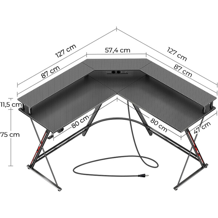Ігровий стіл SEVEN WARRIOR L-подібної форми, ігровий стіл з розеткою, світлодіодне освітлення, підставка для монітора та 2 гачки, кутовий стіл з карбоновою поверхнею, комп&39ютерний стіл для спальні (127 x 127 см) 127 см