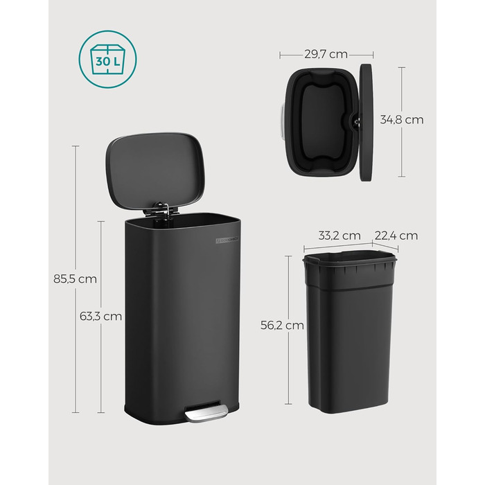 Відро для сміття для кухні, 30 л, відро для сміття, педальне відро для сміття, відро для сміття з кришкою з плавним закриттям і вн