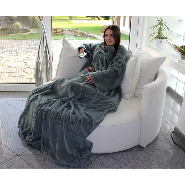 Пухнастий плед для телевізора Brandsseller з рукавами 170x200 см, з кашеміру - накидка на ніжки та 2 кишені - м&39який плед, покривало сірого кольору 170x200 см сірого кольору