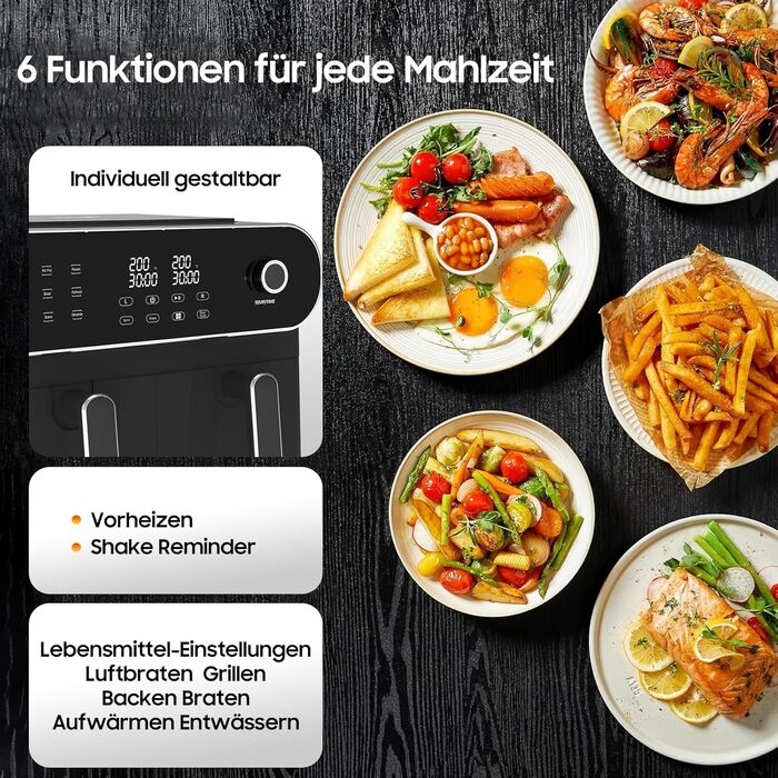 Двокамерна фритюрниця iceagle 11 л - XXL фритюрниця з 2 відділеннями Двозонна фритюрниця, 6 функцій приготування, сенсорний екран, книга рецептів, здорові страви для великої родини Подвійний кошик 11 л