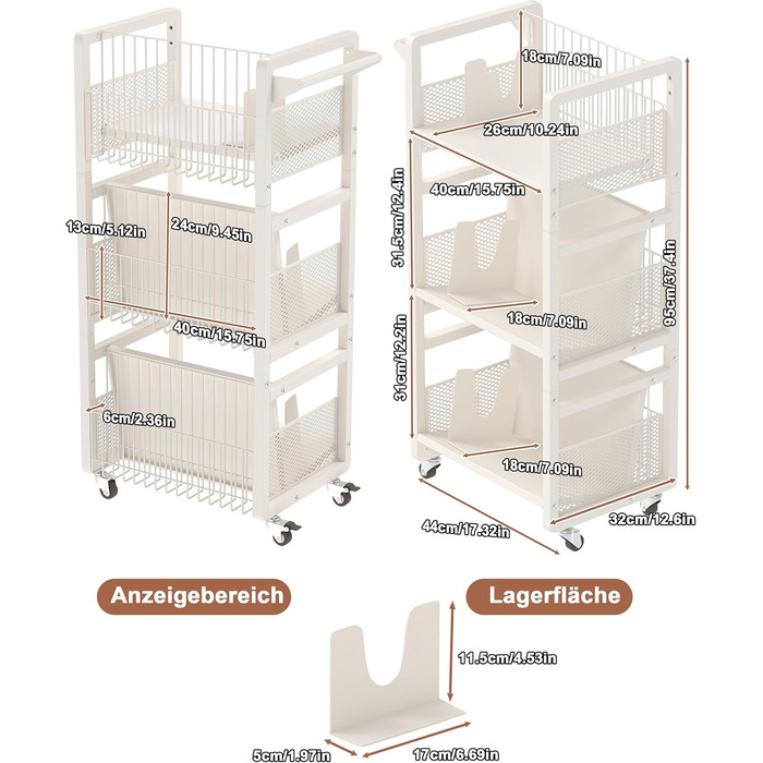 Металевий книжковий візок на колесах, вантажопідйомність 70 кг, бібліотечний візок з ручкою, 3 полиці, книжкова шафа на колесах для вітальні, спальні, офісу, бібліотеки з 3 магнітними підставками для книг білий