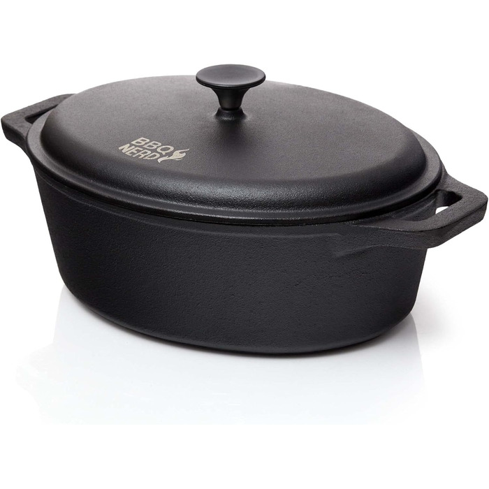 Сковорода BBQ-Nerd з кришкою (овальна, 33x26 см) з чавуну 6,4 л - каструля для смаження чавунна каструля для запікання - кокотниця