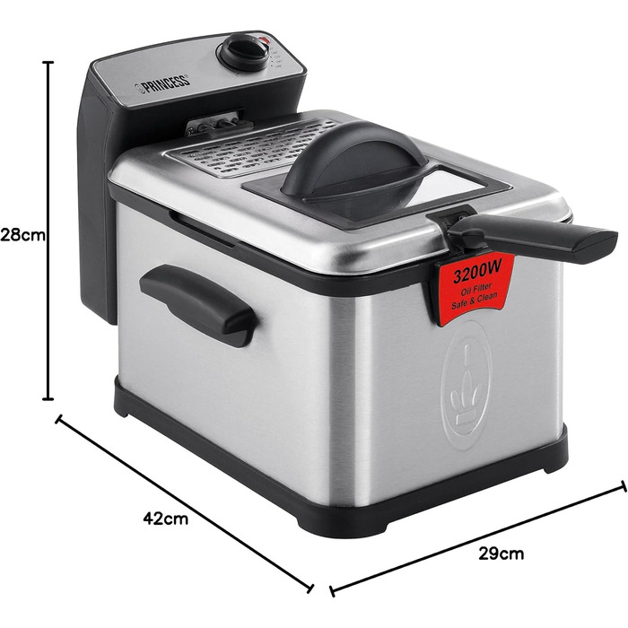 Фритюрниця з нержавіючої сталі Princess 183001 ємністю 3 літри, масляним фільтром і функцією холодної зони, срібло