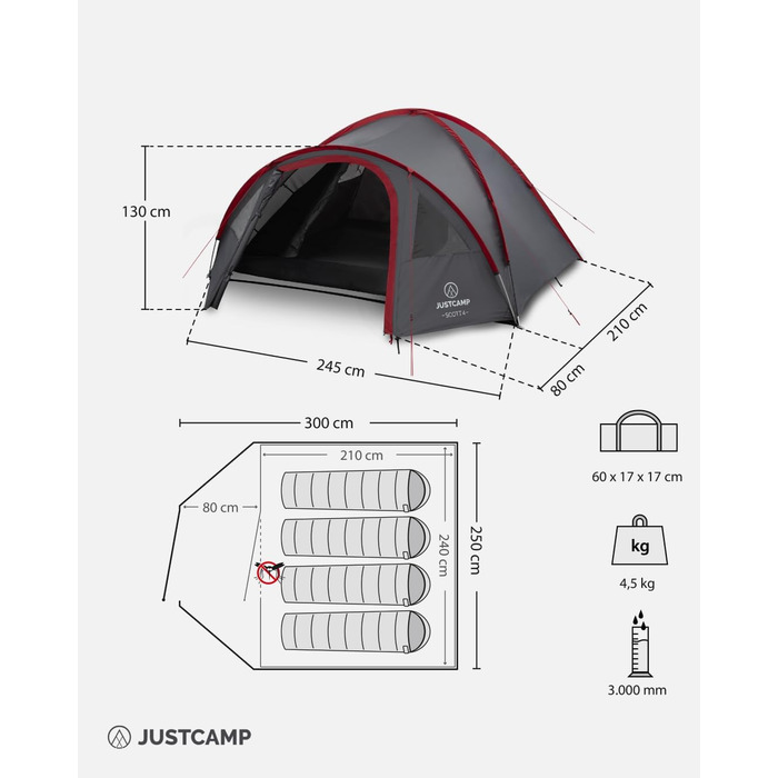 Намет для кемпінгу Scott на 4 особи, легкий, стійкий, водонепроникний - купольний намет (двостінний) із закриваючимся тамбуром - намет-іглу з вентиляційними капюшонами та москітною сіткою на спальному місці - сірий