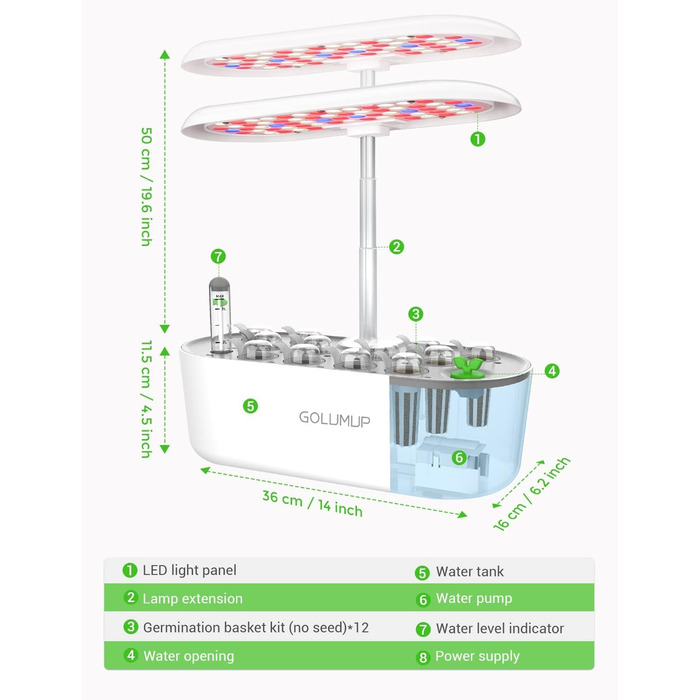 Гідропонна система вирощування GOLUMUP Розумний сад із автоматичним таймером, світлодіодною лампою для рослин 26 Вт і 12 стручками внутрішнього травяного саду, що регулюється по висоті до 50 см