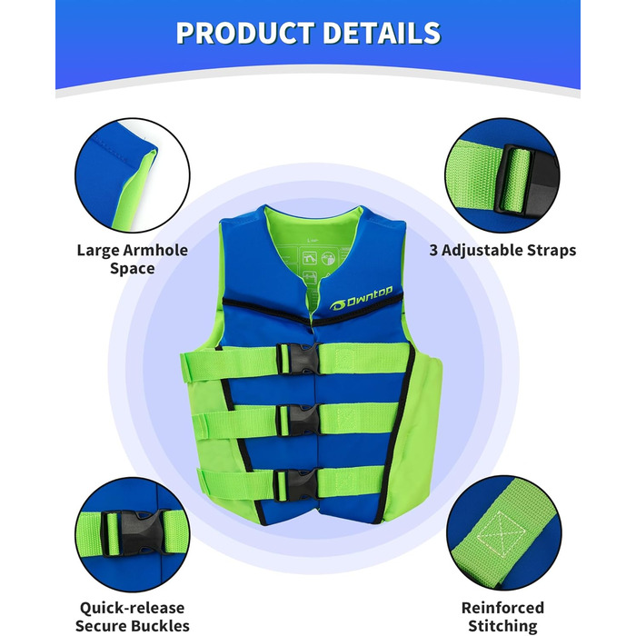 Рятувальний жилет Owntop для підлітків та дітей, регульований рятувальний жилет з потрійними ременями безпеки, легкий рятувальний жилет для каякінгу, плавання, риболовлі, жилет для підводного плавання, синій, розмір M