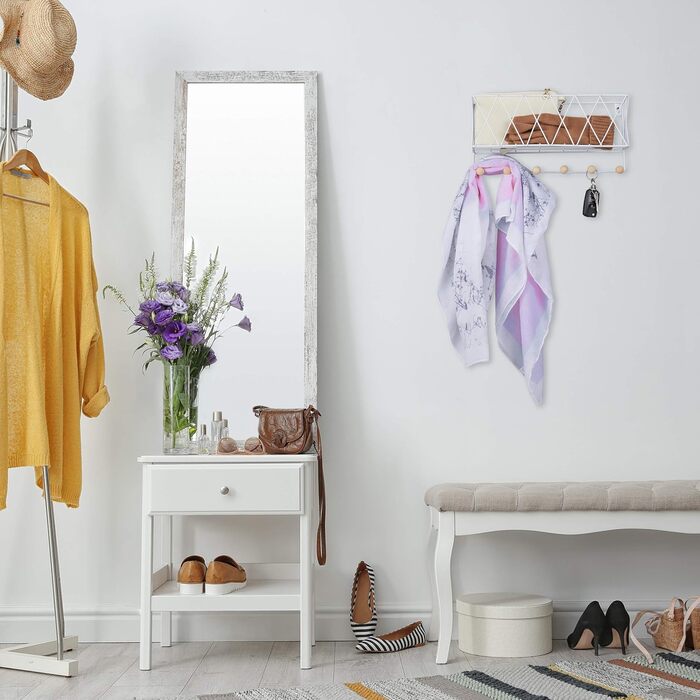 Настінна полиця Relaxdays з рейкою для гачків, метал та дерево, решітка, настінна вішалка для одягу 6 гачків, ВхШхГ 17 x 36 x 13 с