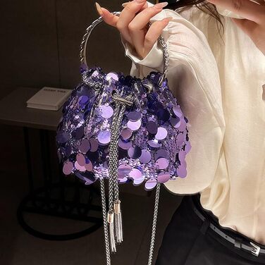 Блискуча вечірня сумочка-відерце з паєтками та металевою китицею. Сумка на шнурку, з ланцюжком, через плече. Чорний, синій.