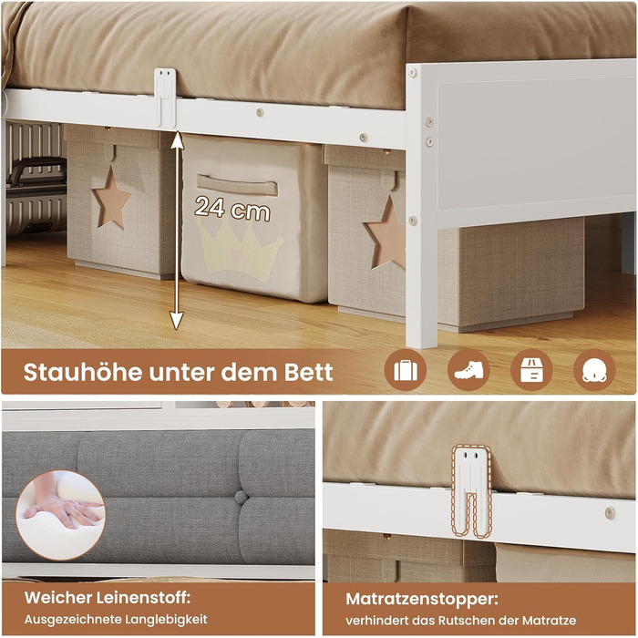 М&39яке ліжко-диван-ліжко 140x200 з 6 відділеннями для зберігання Дитяче ліжко 140x200 зі світлодіодним освітленням Кушетка з розетками Гостьове ліжко Каркас ліжка з металевою рейковою основою, матрац не входить до комплекту (білий) 140x200 см Білий