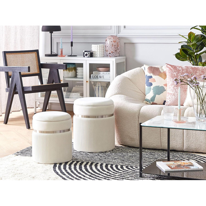 Пуф Beliani з місцем для зберігання, круглий оксамитовий, білий, комплект з 2 предметів, пуф Glamour Camdenton