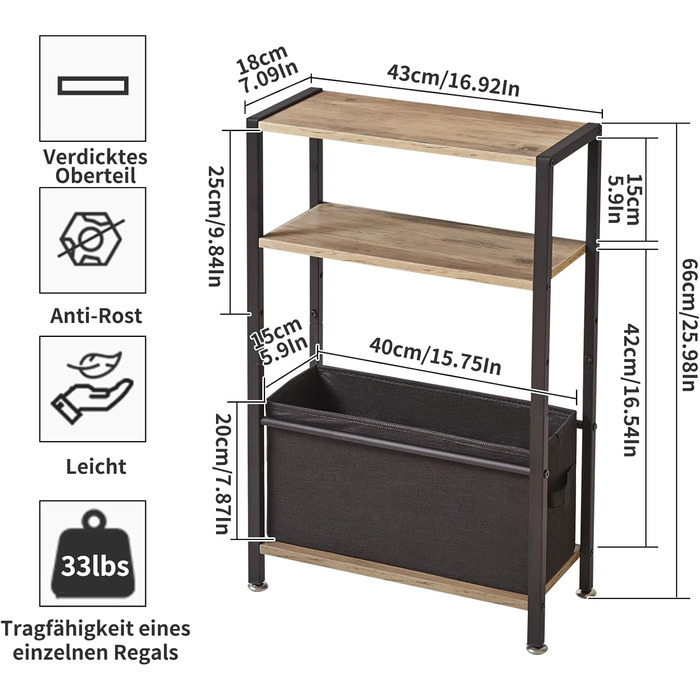 Вузький журнальний столик з поверхнею для зберігання, 3-ярусний вузький журнальний столик з тканинним кошиком, тонкий журнальний столик для вітальні, спальні, кабінету, тумбочки, офісу, світло-сірий дуб YD-TM052Y