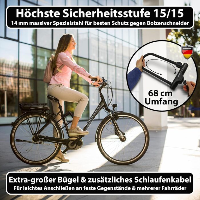 Безпечний U-подібний замок KOHLBURG з найвищим рівнем безпеки 15/15 з кабелем 170 см - великий безпечний U-подібний замок з тримачем для електровелосипедів та велосипедів - високобезпечний велосипедний замок - U Lock Bike