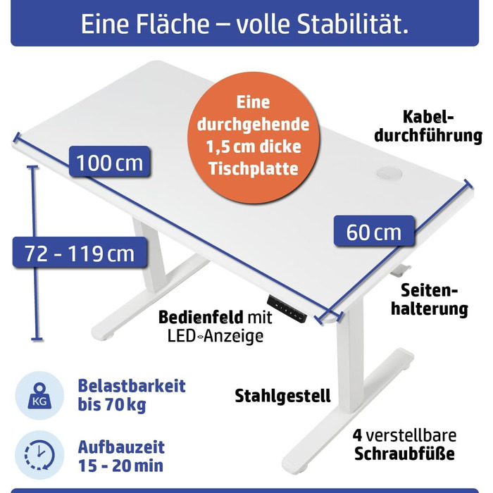 Стіл FlexxPro з регульованою висотою 3 розміри та 2 кольори Безперервна робоча поверхня Включно зі світлодіодною панеллю керування та системою керування кабелями Електричне регулювання та ергономічний 100x60 см, білий