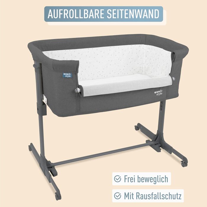 Дитяче ліжечко Aluna 3-в-1, колір ib style, додаткове ліжко, м&39який матрац, регулювання висоти у 5 напрямках, дорожнє ліжечко з сумкою, дитяче ліжко на колесах, колиска, для дому та подорожей - Темно-сірий