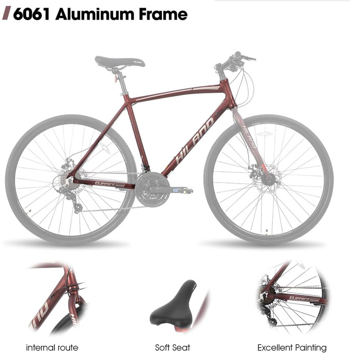 Шосейний велосипед Hiland 28 дюймів, 21 передача, міський велосипед для чоловіків з дисковими гальмами, рама 530 мм, комфортний шосейний велосипед, колеса 700C, чорний/червоний/срібний, розмір M