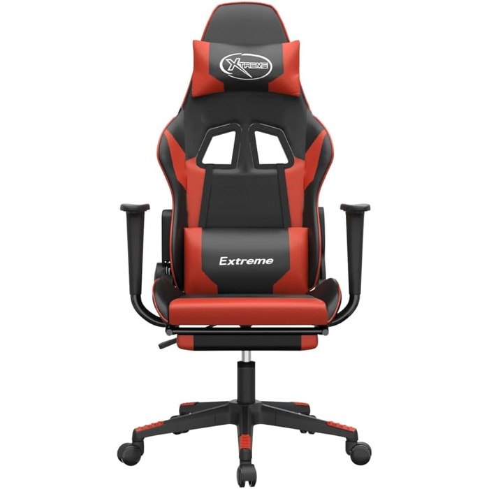 Геймерське крісло з підставкою для ніг, чорно-червона штучна шкіра, регульована висота спинки та сидіння, поворот на 360 градусів, міцний металевий каркас, ергономічна підтримка.