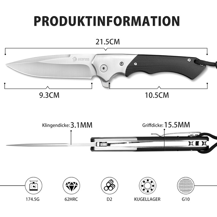 Складаний ніж NedFoss SWAN, ніж для виживання зі сталі d2 9,3 см з рукояткою G10, одноручний ніж, гострий кишеньковий ніж з кріпле