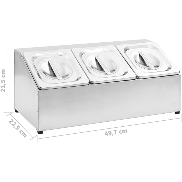 Підставка vidaXL Gastronorm з 3 контейнерами GN 1/6, кришками, верхньою полицею, стійкою для гастроконтейнерів, контейнерами для інгредієнтів, нержавіюча сталь, 49,7 x 22,5 x 21,5 см (22,5 x 49,7 x 21,5 см)