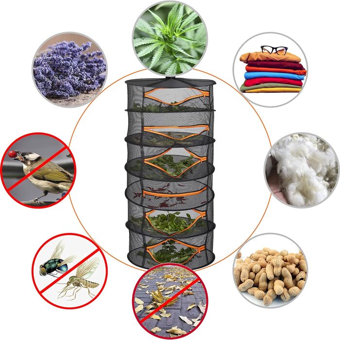 Шарова сітчаста сушарка для підвішування трав, сітка для сушіння з помаранчевими блискавками 6-шарова-60x120см помаранчева, 6-