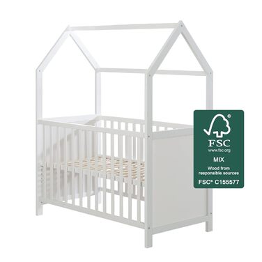Дитяче ліжко, домашнє ліжко 60 x 120 см, сертифіковане FSC, біле, регульоване у 6 напрямках, як дитяче та приліжкове ліжко в комплекті з пеленальним столиком, біле