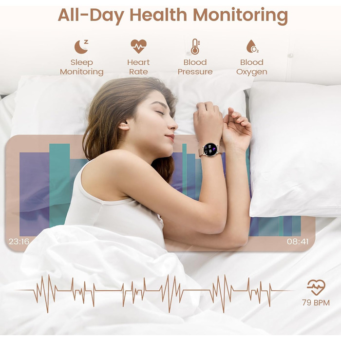 Жіночий смарт-годинник RUXINGX з функцією телефону, 1,32-дюймовий HD Full Touch екран, наручний годинник з монітором серцевого ритму SpO2, монітором менструального циклу, монітором сну, крокоміром, трекером калорій, фітнес-трекером, IP68, сумісний з iOS/A