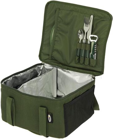 Ізольована сумка з посудом для рибалок чашки, столові прибори, тарілки та банки сумка-холодильник ідеально підходить для місць для риболовлі, кемпінгу та активного відпочинку, набір рибальського посуду, розкішний набір продуктів