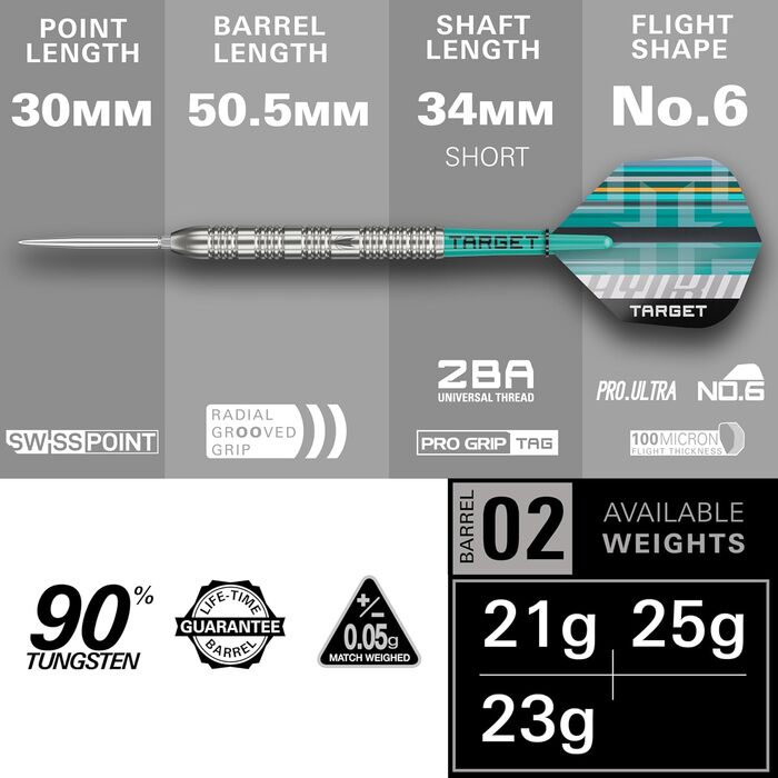 Набір дротиків Target Darts Hydro Steel Tip 21G/22G/23G/24G/25G/26G (ствол 01/02/03) Дротики з 90 вольфраму, срібні швейцарські наконечники, ручки Pro Grip Tag, крила Pro Ultra 6, інструмент SP, включаючи ствол 21G 02