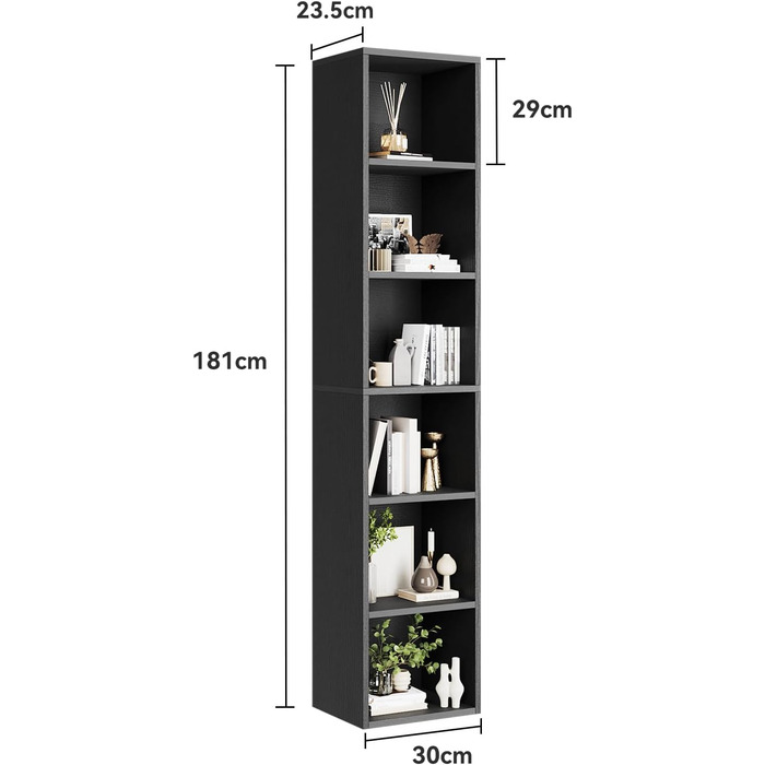 Книжкова полиця, 6-ярусна книжкова шафа, вузька книжкова полиця, окремостояча полиця, сучасна відкрита дерев&39яна полиця, для вітальні, спальні, офісу, кабінету, 23,5 x 30 x 181 см, чорна, 6 ярусів (30Ш x 181В см)