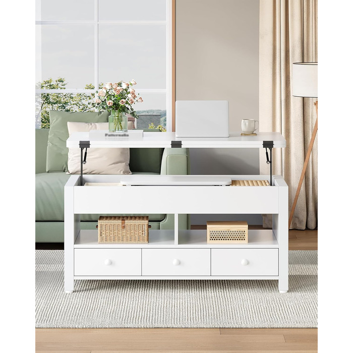 Журнальний столик Hzuaneri, стіл для вітальні з регульованою висотою, 3 шухлядами та 2 відділеннями, 50 100 47 см, журнальний столик з відділенням, що трансформується в обідній стіл, для вітальні, домашнього офісу, білий CT22203W