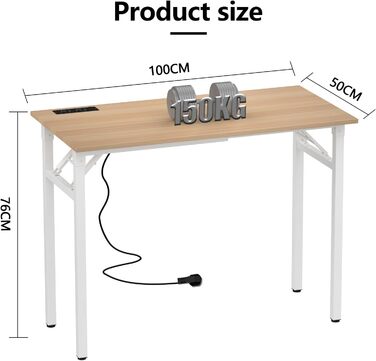 Складаний стіл 100x50x76 см з 2 розетками змінного струму та 2 портами зарядки USB, складаний комп&39ютерний стіл, стіл для ПК, офісний стіл, складаний стіл, для дому, дерево 100 см x 50 см