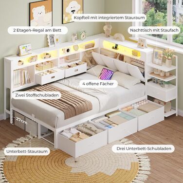Дитяче ліжко DICTAC 90x200 з 6 шухлядами, світлодіодним освітленням та зарядною станцією Багатофункціональне ліжко з мяким узголівям, вбудованою тумбочкою та прихованим місцем для зберігання в узголівї (біле)