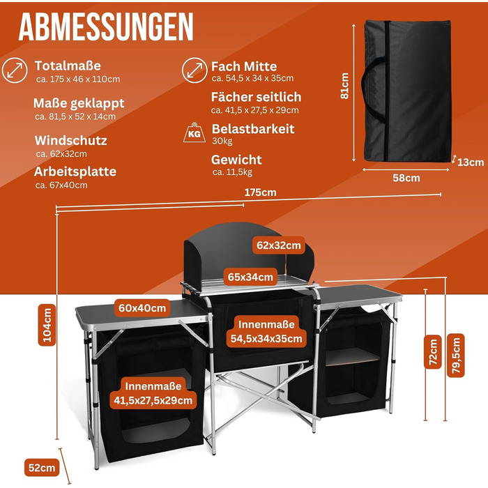 Кемпінгова шафа, кемпінговий тент на відкритому повітрі, кемпінгові меблі, кемпінгова кухня, складна, дорожня кухня, кухонна шафа з робочою поверхнею та відділеннями для зберігання на відкритому повітрі, тент, караван 175x104x52