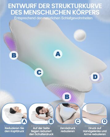 Велика подушка для шиї, подушка для голови, подушка для підтримки шиї, подушка з піни з ефектом пам&39яті, ергономічна ортопедична подушка з наволочкою, подушка для сну на боці, спині та животі - 60 x 34 см x 9/13 см, сірий