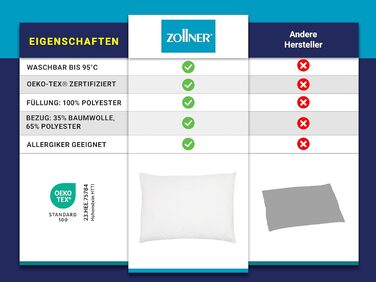 Подушка ZOLLNER - Наповнювач з поліестеру - Чохол з високоякісної змішаної тканини - Кліматично нейтральне виробництво - Зроблено в Німеччині - Можна прати при температурі до 95C - 35x45 см - Готельна якість - Сертифіковано Oeko-Tex 35 x 45 см