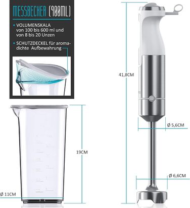 Ручний блендер 1000 Вт - ручний блендер з нержавіючої сталі - блендер - чотирилопатевий ніж - безступінчасте регулювання швидкості