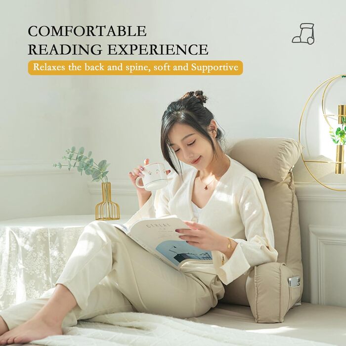 Ергономічна подушка для ліжка, подушка для спини, надзвичайно велика подушка для читання з підлокітниками та знімною опорою для шиї, подушка для читання для ліжка та дивана, подушка для відпочинку на ліжку для гри, читання, перегляду телевізора, 75 см x 4