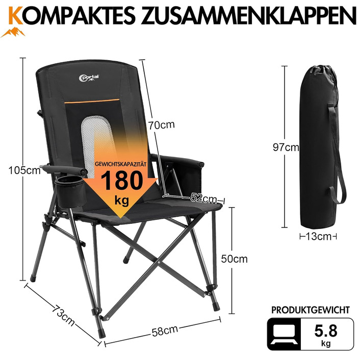 Крісло для кемпінгу Portal, складне, вантажопідйомність 180 кг, з високою спинкою, регульоване, крісло для кемпінгу/рибальства, садове крісло, крісло з сумкою та тримачем для напоїв для саду, балкону, пікніка, чорне