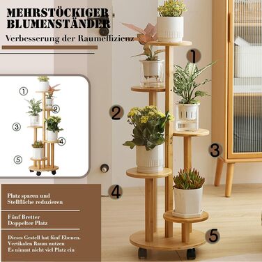Бамбукова підставка для квітів на колесах, 5-ярусна підставка/стійка для квітів на балкон, шасі Ø31,5 см * верхня полиця Ø19 см * висота 88 см, полиця для рослин для використання на вулиці, легко переміщується (колір дерева), 5-ярусна підставка для рослин