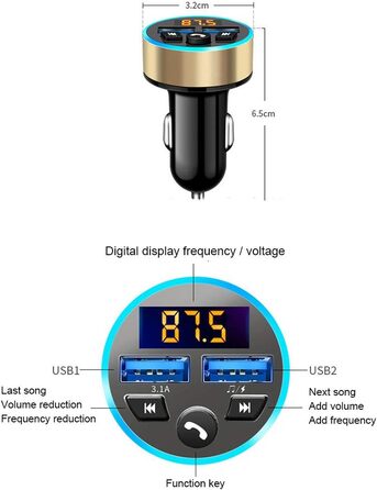 Плеєр 12-24 В Bluetooth 5.0 для автомобіля, Передавач Bluetooth Автомобільний адаптер автомагнітоли MP3-плеєр Радіоадаптер з подвійним USB Bluetooth Автомобільний зарядний пристрій, розумна голосова трансляція, золотий, 3-