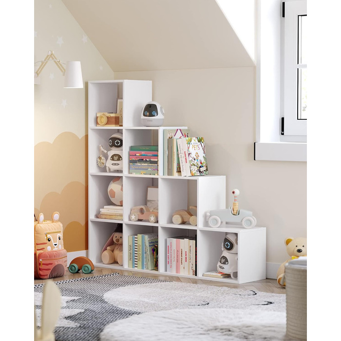 Відкрита книжкова полиця з 10 відділеннями, багаторівнева полиця, система зберігання для декору, фотографій, рослин, вітальня, спальня, кабінет, 29 x 129,5 x 129,5 см, хмарно-білий LBC10WTV1