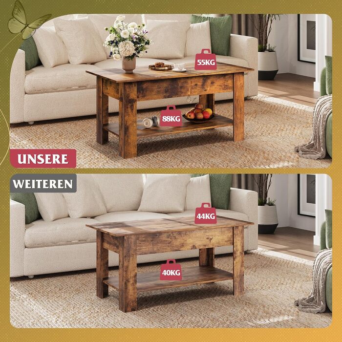 Журнальний столик WLIVE з регульованою висотою та полицею, прямокутний стіл для вітальні з відкритим та прихованим місцем для зберігання, журнальний столик для вітальні, спальні (індустріальний, рустикальний коричневий) Рустикальний коричневий індустріаль