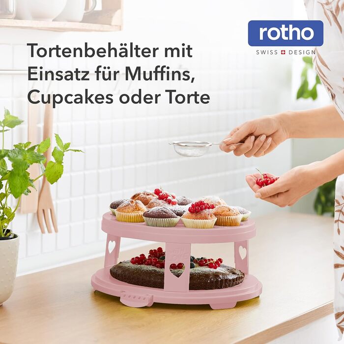 Контейнер для тортів Rotho Fresh високий з піддонами, харчовий пластик (PP) без BPA, рожевий, (35.5 x 34.5 x 26.0 см) Рожевий/Прозорий