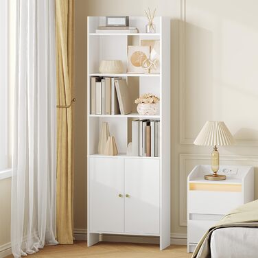 Книжкова шафа Hzuaneri з 2 дверима, 6-ярусна книжкова полиця, полиця, вітрина, полиця для зберігання для вітальні, домашнього офісу, кухні, 24 x 48 x 169 см, білий, BC62003X